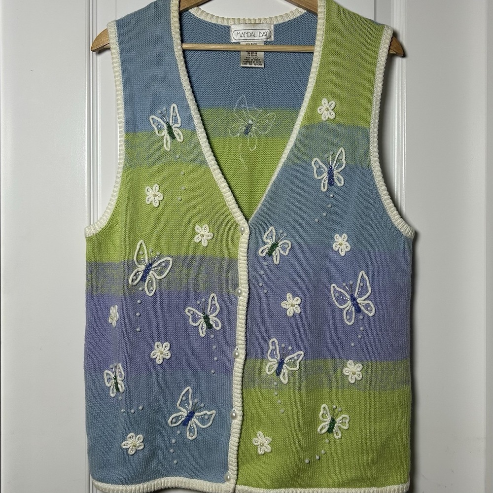 Mandal Bay Vintage Y2K Pastel Beaded Butterfly Daisy Knit Button Up Sweater Vest
